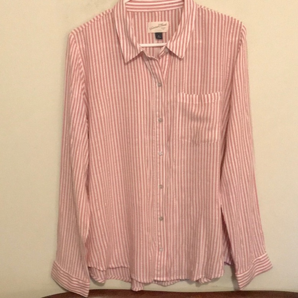 Casual style rose color and white striped light weight blouse. Size XL